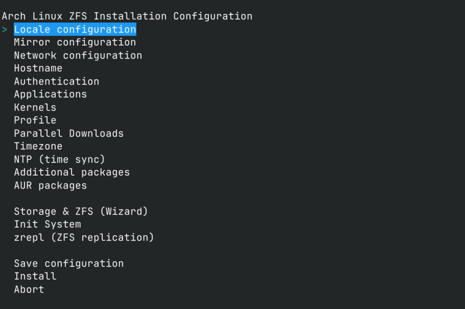 Интерфейс меню archinstall_zfs